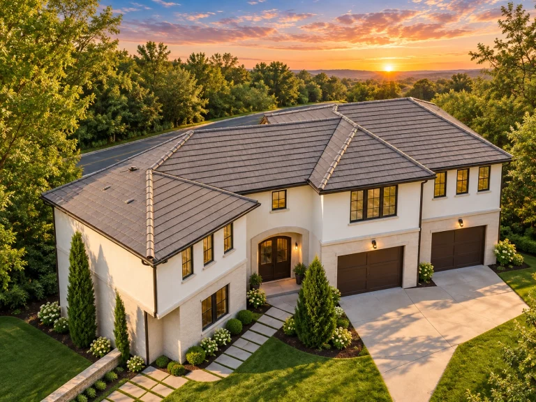 Front elevation of a luxury Mediterranean Italianate style home with smooth stucco exterior, clay tile roof, and symmetrical two-story design