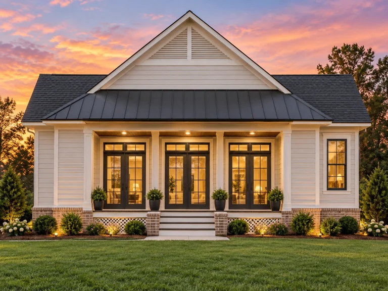 Contemporary House Plans 2 Front view of a Modern Farmhouse home featuring board-and-batten siding, stone water-table accents, symmetrical gables, and a welcoming covered entry