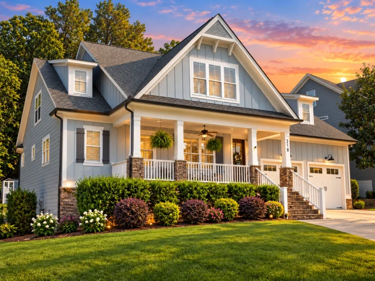 Front elevation of Modern Farmhouse style home with board and batten siding, gable dormers, covered front porch, and two-car garage