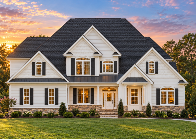 Front elevation of a New American modern traditional house featuring white horizontal siding, symmetrical gables, and a welcoming covered entry
