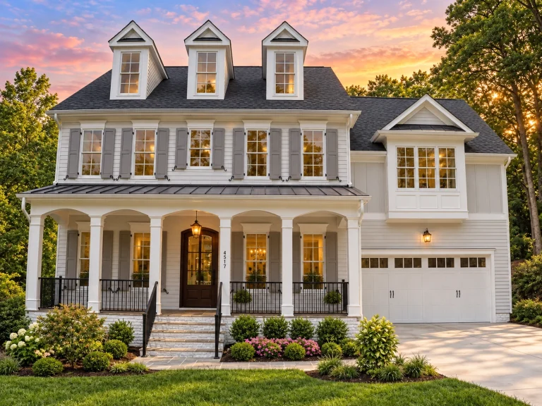 Craftsman House Plans 18 Front elevation of a Traditional Colonial style brick home with symmetrical windows, dormer accents, and an arched central entry