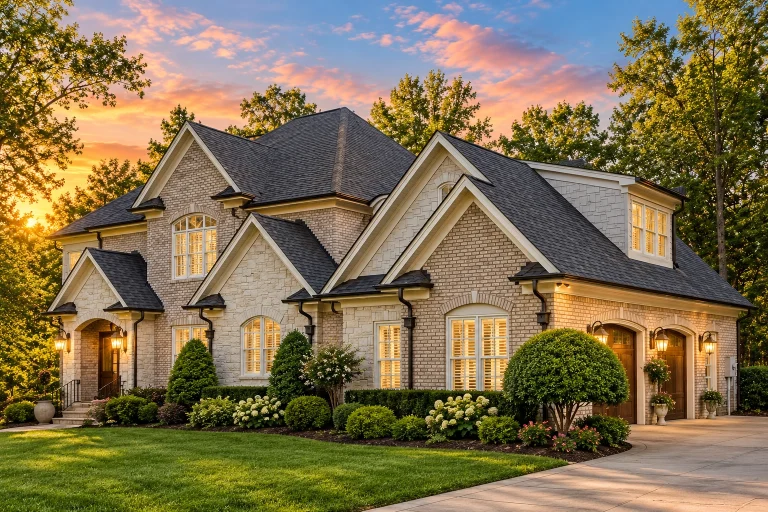 Front elevation of a New American modern traditional house with brick exterior, stone accents, horizontal lap siding, arched entry, and side-entry garage