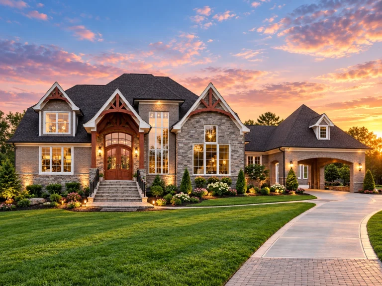 Craftsman House Plans 20 Front elevation of a Tudor Revival style luxury home with brick and stone exterior, steep gabled rooflines, and decorative timber accents