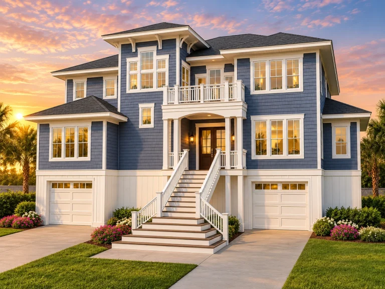 Contemporary House Plans 9 Front elevation of a Coastal Shingle Style house with elevated design, shingle siding, balconies, and classic coastal detailing