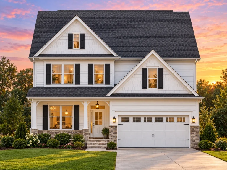 Front elevation of New American style home with traditional colonial symmetry, horizontal siding, shingle gables, and attached two-car garage