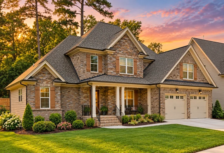 Front elevation of a New American Craftsman style home featuring brick and stone exterior, gabled rooflines, and covered entry porch