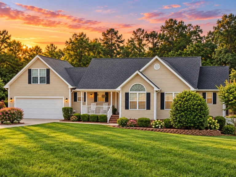 Front elevation of a Modern Farmhouse Ranch home featuring white board and batten siding, black roofline, and inviting front porch