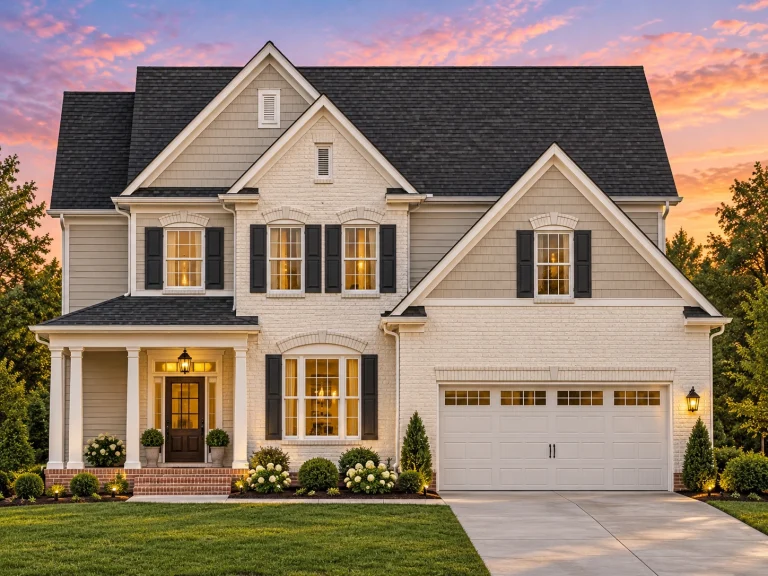 Contemporary House Plans 24 Front elevation of a New American / Modern Traditional two-story home featuring horizontal lap siding, stone veneer accents, gabled rooflines, and a welcoming covered porch