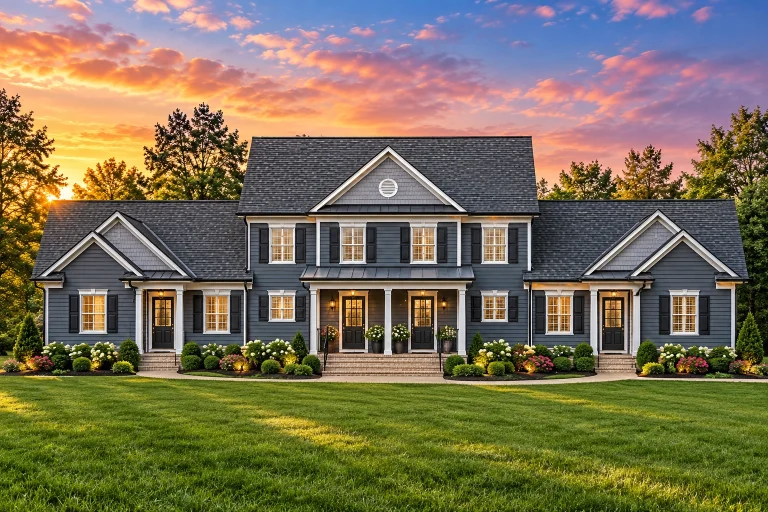 Front elevation of a Traditional Colonial style home featuring symmetrical architecture, horizontal lap siding, and a classic covered porch entry