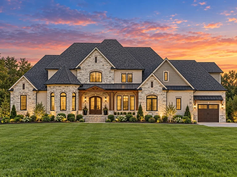 House Plans with Recreation Room 19 Front elevation of a New American modern traditional house featuring brick and stone exterior, symmetrical gables, and attached garage