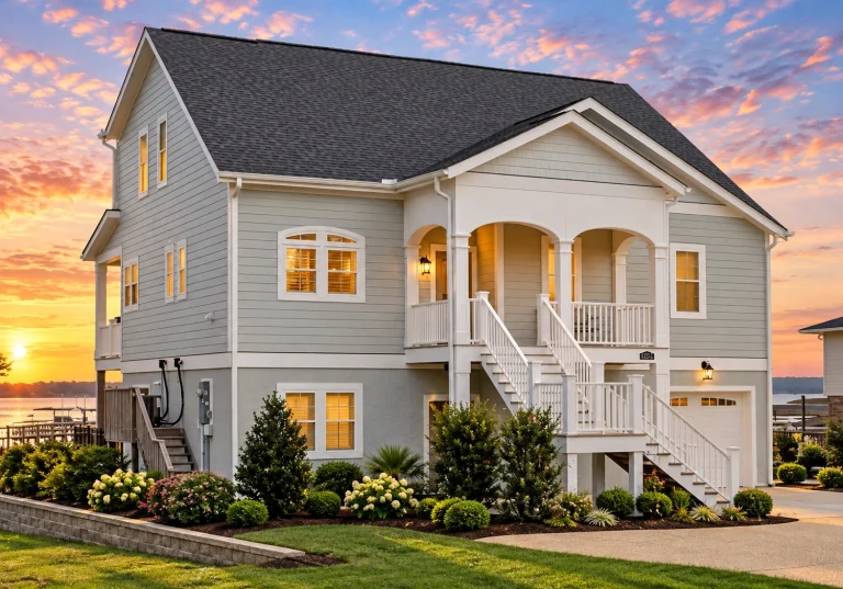 Contemporary House Plans 10 Front elevation of a Coastal Traditional house with elevated design, horizontal siding, covered porch, and ground-level garage