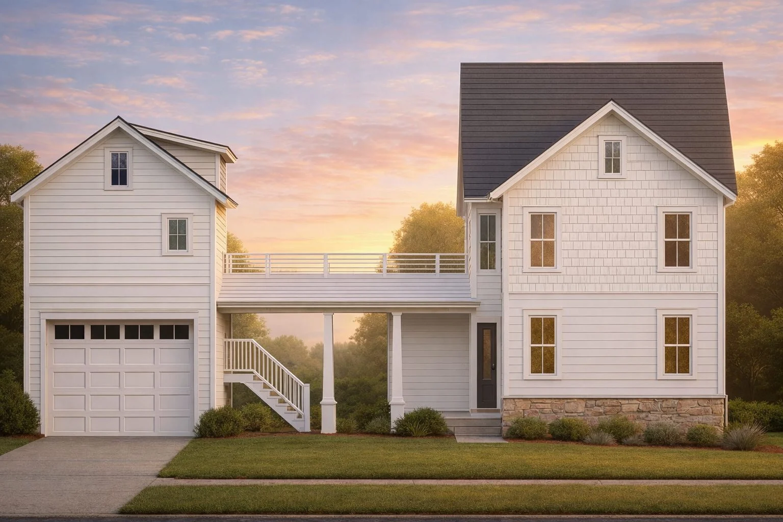 Front elevation of a Coastal Farmhouse carriage house featuring shingle and lap siding, detached garage apartment, and covered breezeway connection