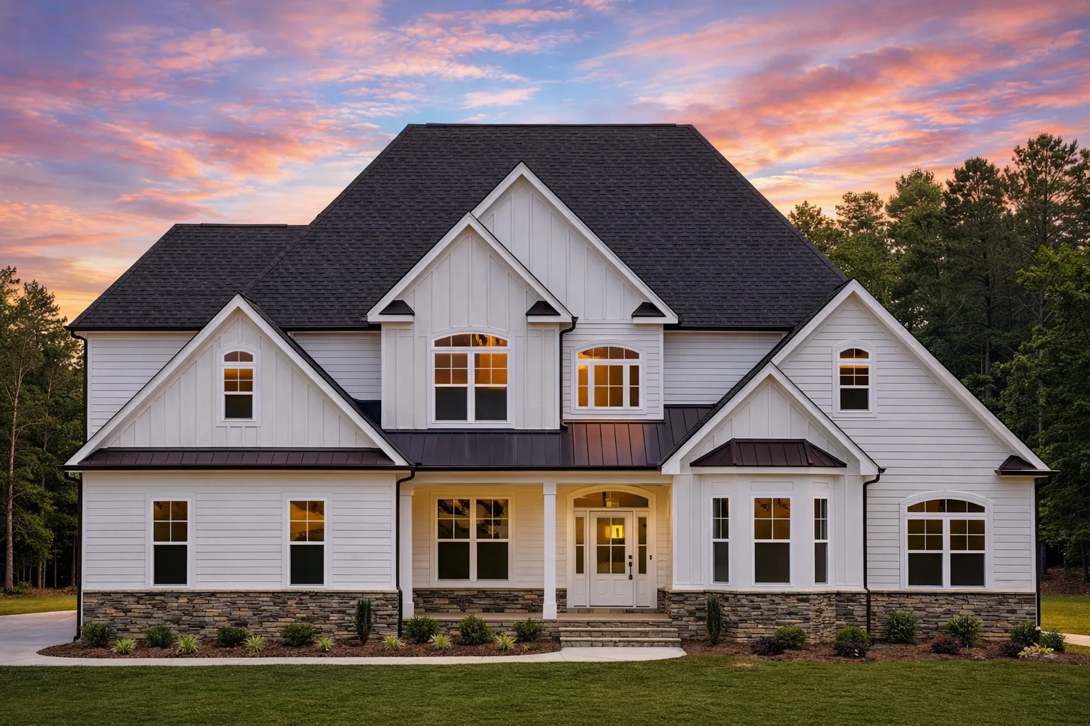 4 Bedroom House Plans 30 Front elevation of a New American modern traditional house featuring white horizontal siding, symmetrical gables, and a welcoming covered entry