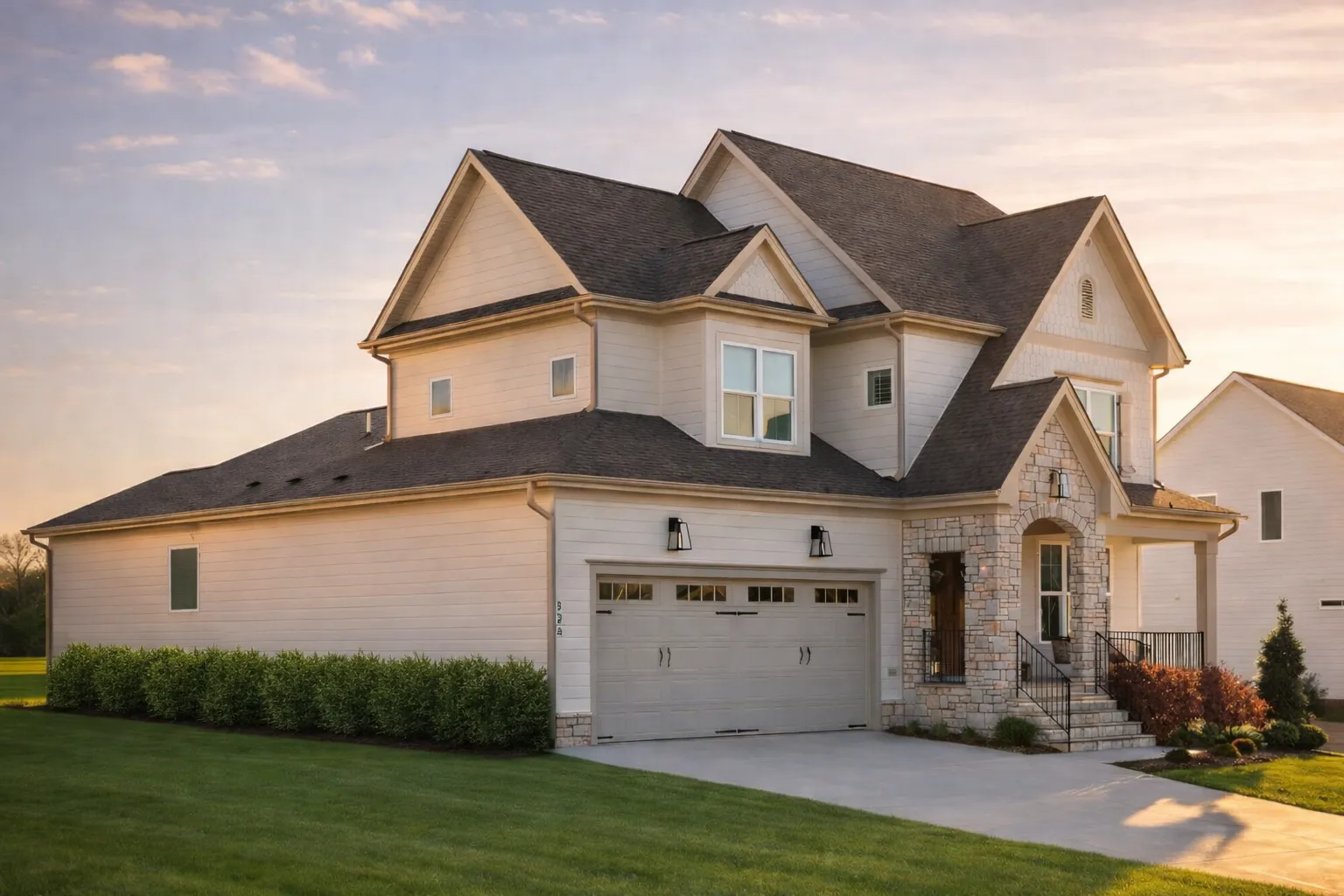 Front exterior view of a New American Modern Traditional two-story house featuring horizontal siding, stone accents, front-entry garage, and gabled rooflines