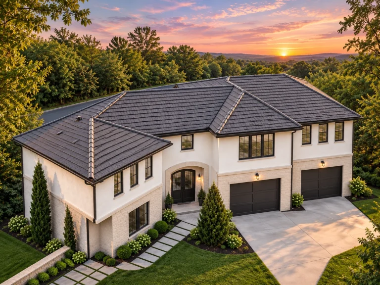 Front elevation of a luxury Mediterranean Italianate style home with smooth stucco exterior, clay tile roof, and symmetrical two-story design