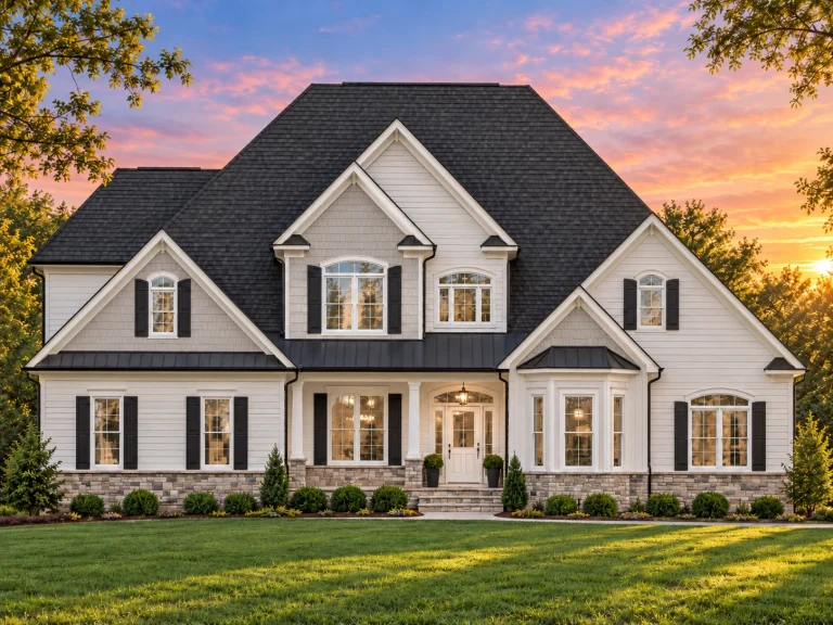 Front elevation of a New American modern traditional house featuring white horizontal siding, symmetrical gables, and a welcoming covered entry