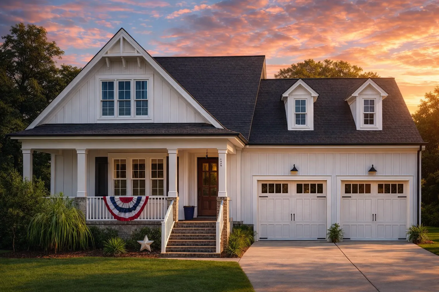 Front elevation of Modern Farmhouse style home with board and batten siding, gable dormers, covered front porch, and two-car garage