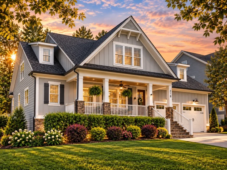 Front elevation of Modern Farmhouse style home with board and batten siding, gable dormers, covered front porch, and two-car garage
