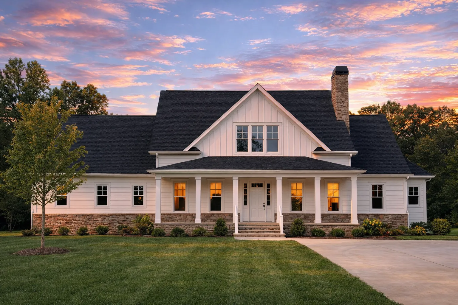 House Plans with Eating Bar 17 Front elevation of a Cape Cod style house featuring horizontal siding, a welcoming covered porch, gabled rooflines, and traditional architectural symmetry