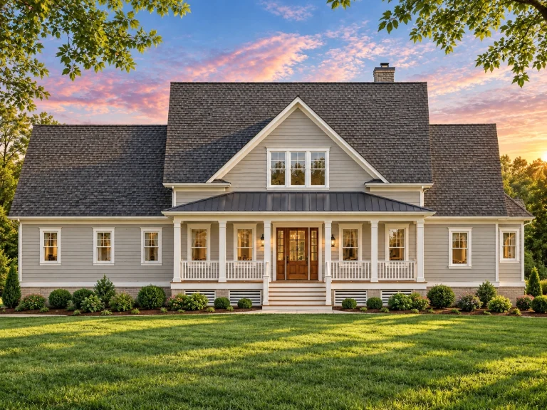 House Plans with Fireplace 3 Front elevation of a Cape Cod style house featuring horizontal siding, a welcoming covered porch, gabled rooflines, and traditional architectural symmetry