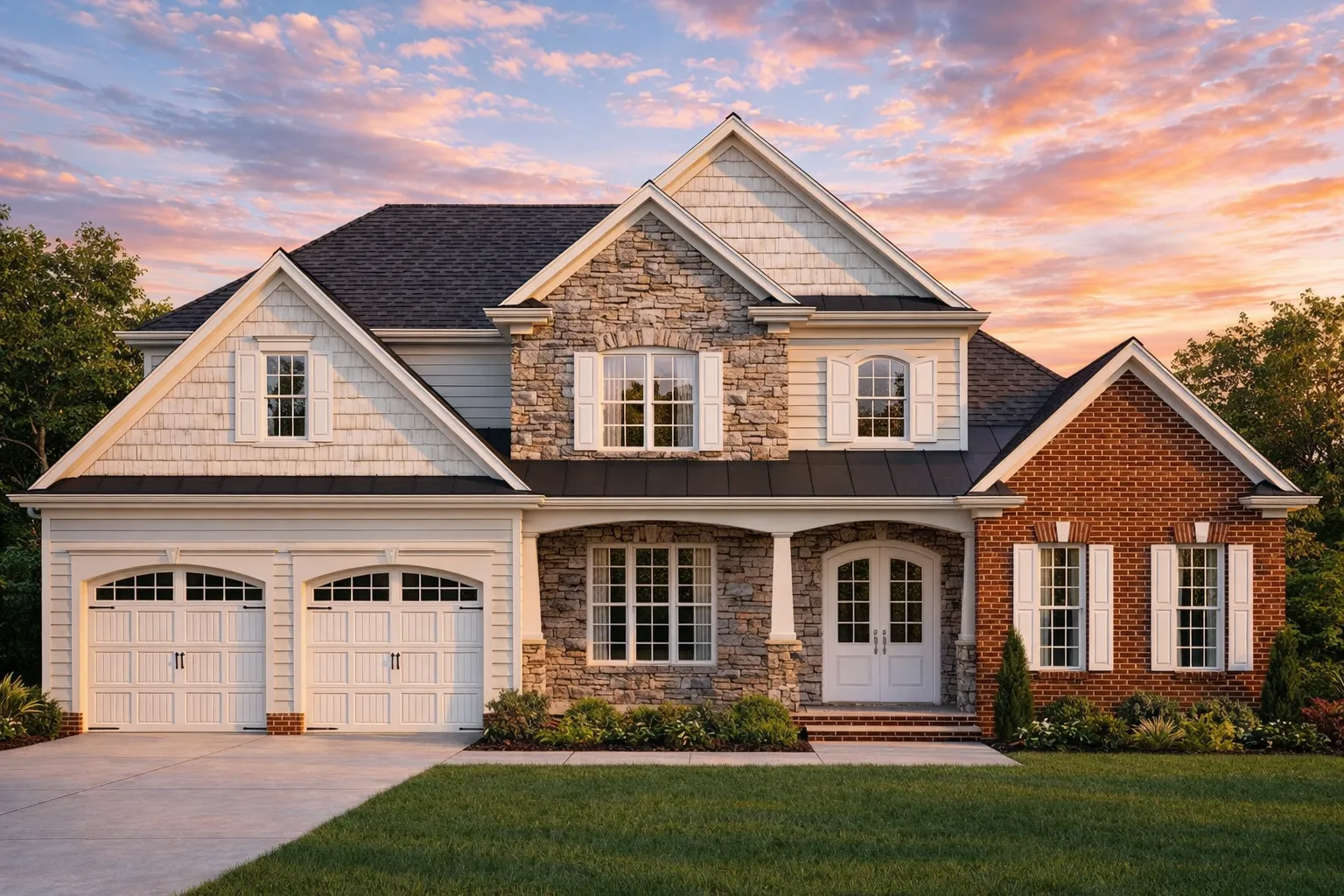 Front elevation of a New American Traditional two-story home with stone veneer, brick facade, lap siding, and shake gable accents