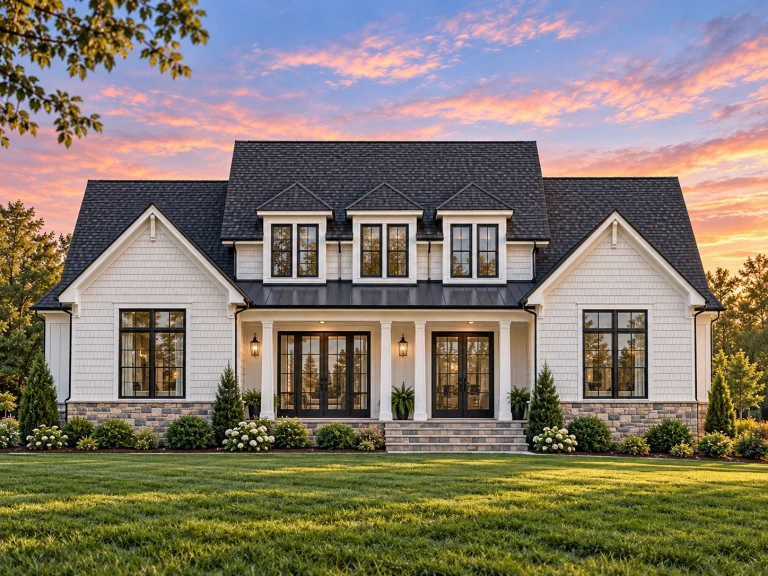 House Plans with Fireplace 1 Front elevation of a Colonial Revival style home with white horizontal siding, symmetrical façade, central entry, and classic dormer windows