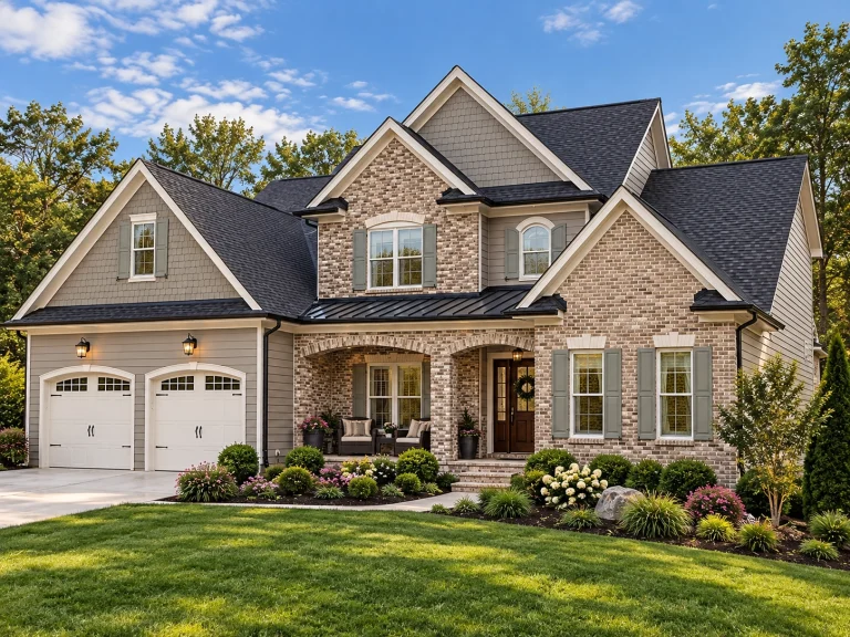 Modern Suburban House Plans 11 Front elevation of a New American Traditional two-story home with stone veneer, brick facade, lap siding, and shake gable accents