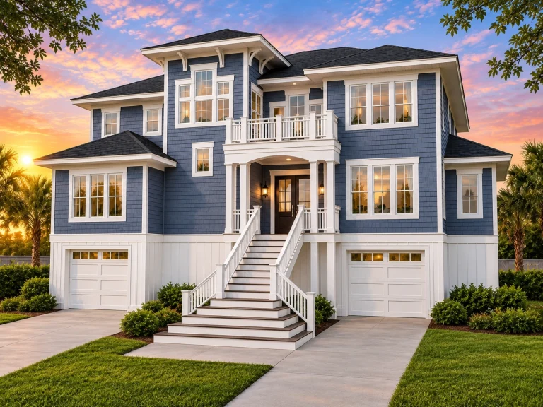 Front elevation of a Coastal Shingle Style house with elevated design, shingle siding, balconies, and classic coastal detailing