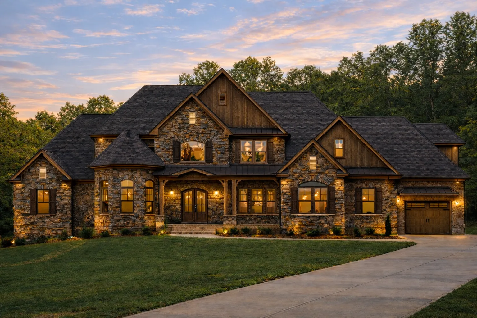 Front elevation of a New American modern traditional house featuring brick and stone exterior, symmetrical gables, and attached garage