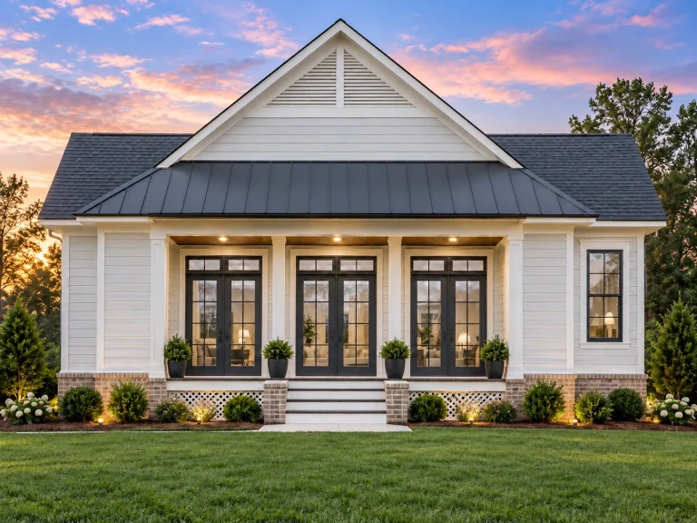 House Plans with Walk-In Pantry 16 Front view of a Modern Farmhouse home featuring board-and-batten siding, stone water-table accents, symmetrical gables, and a welcoming covered entry