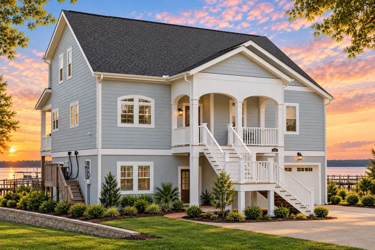 Front elevation of a Coastal Traditional house with elevated design, horizontal siding, covered porch, and ground-level garage