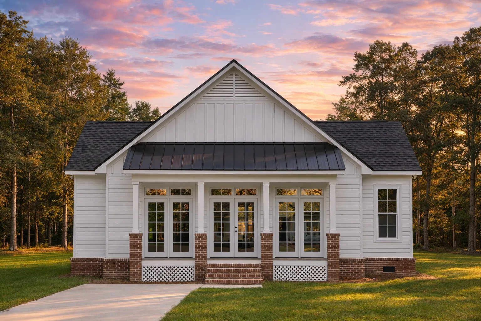 Front view of a Modern Farmhouse home featuring board-and-batten siding, stone water-table accents, symmetrical gables, and a welcoming covered entry