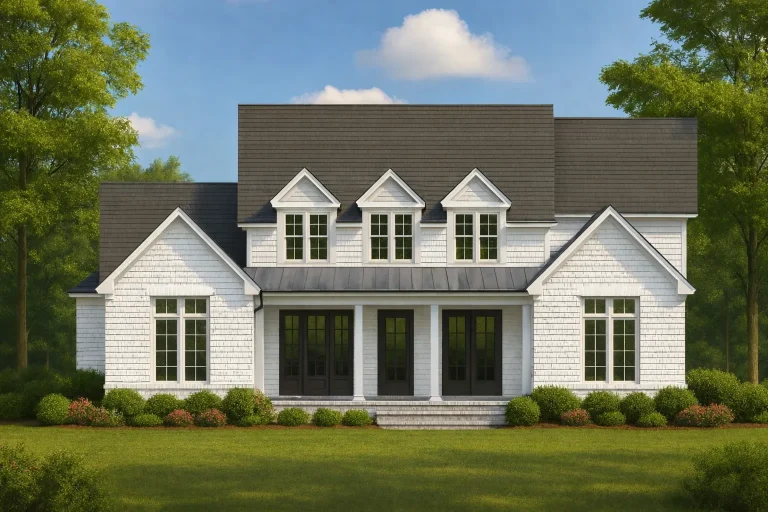 Georgian House Plans 8 Front elevation of a Colonial Revival style home with white horizontal siding, symmetrical façade, central entry, and classic dormer windows