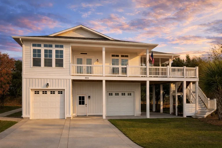 House Plans 1 Front elevation of elevated Coastal Low Country style home with horizontal siding, wraparound porch, exterior stairs, and ground-level garage