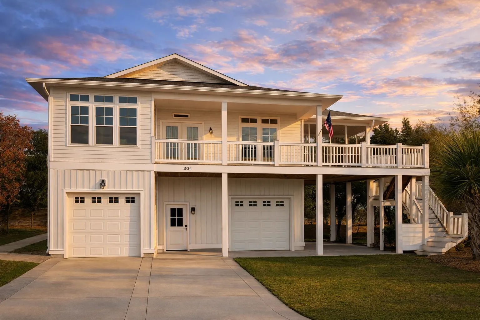 Front elevation of elevated Coastal Low Country style home with horizontal siding, wraparound porch, exterior stairs, and ground-level garage