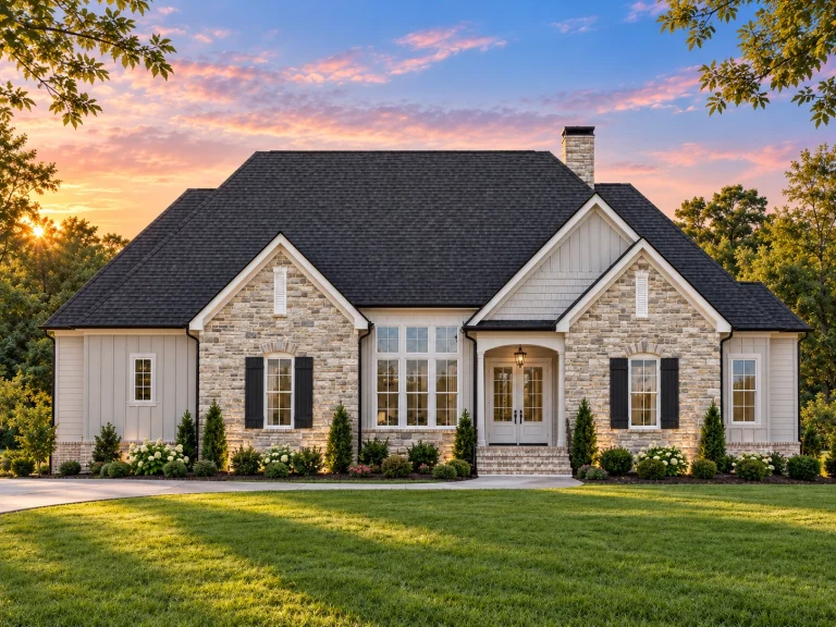 Front elevation of a traditional European-style house with brick exterior, steep gable roof, arched entry porch, and classic shuttered windows