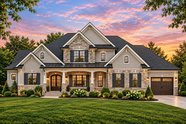 Front elevation of a New American modern traditional home with brick and lap siding, gabled rooflines, shutters, and covered entry