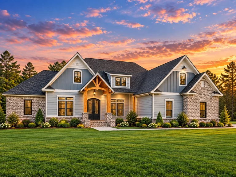 Front view of a Craftsman Farmhouse featuring a brick and board-and-batten exterior with timber accents and gabled rooflines