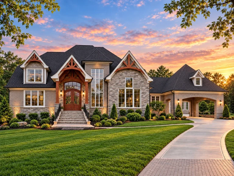 Front elevation of a Tudor Revival style luxury home with brick and stone exterior, steep gabled rooflines, and decorative timber accents