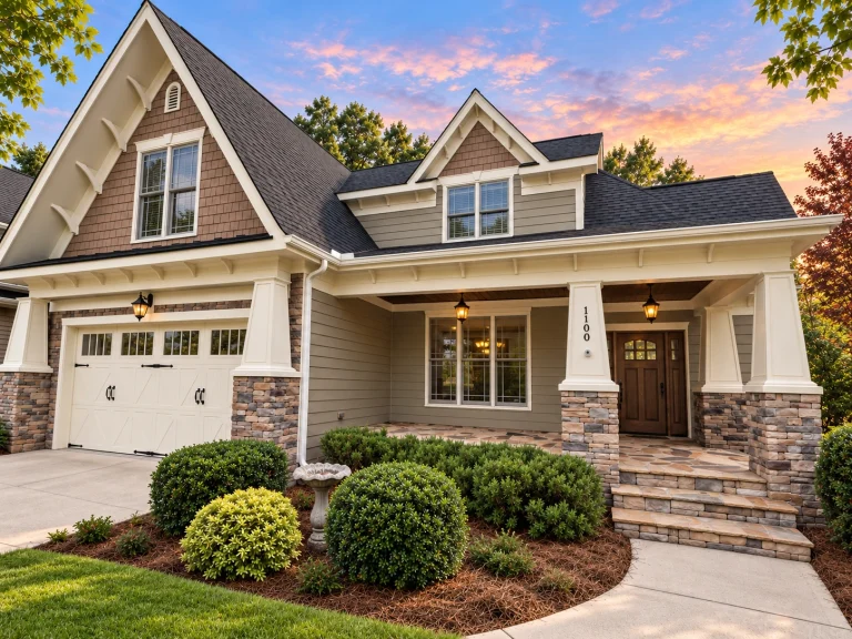 House Plans with Second Floor Laundry Room 22 Front elevation of a Craftsman style home featuring horizontal siding, shingle accents, stone porch columns, and a welcoming covered front porch