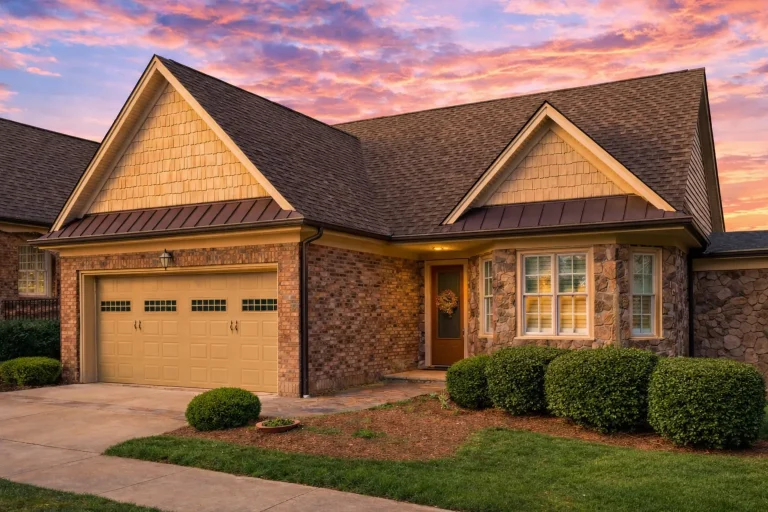Front elevation of a New American modern traditional house with brick exterior, steep gable rooflines, Tudor-style detailing, and an attached two-car garage