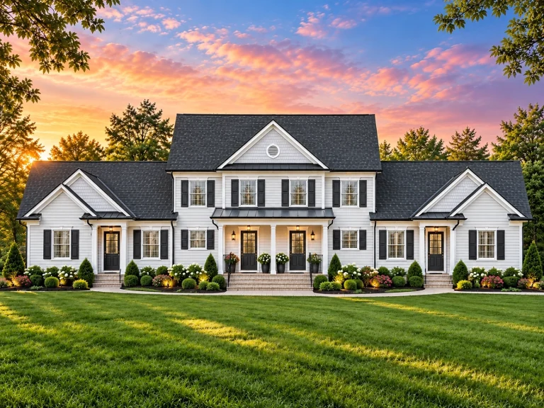 Front elevation of a Traditional Colonial style home featuring symmetrical architecture, horizontal lap siding, and a classic covered porch entry