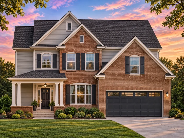 Front elevation of a New American / Modern Traditional two-story home featuring horizontal lap siding, stone veneer accents, gabled rooflines, and a welcoming covered porch