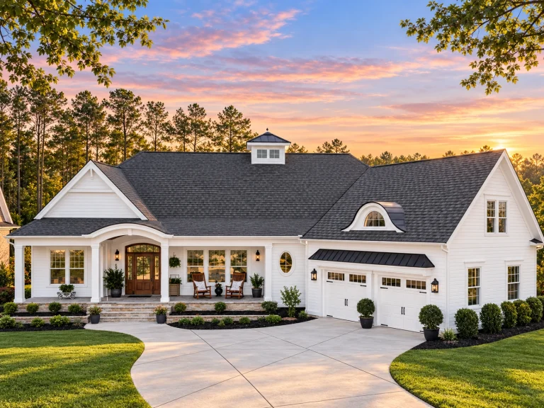 House Plans with Mudroom 4 Front exterior of a New American style home featuring white board and batten siding, gabled rooflines, covered porch, and side-entry garage