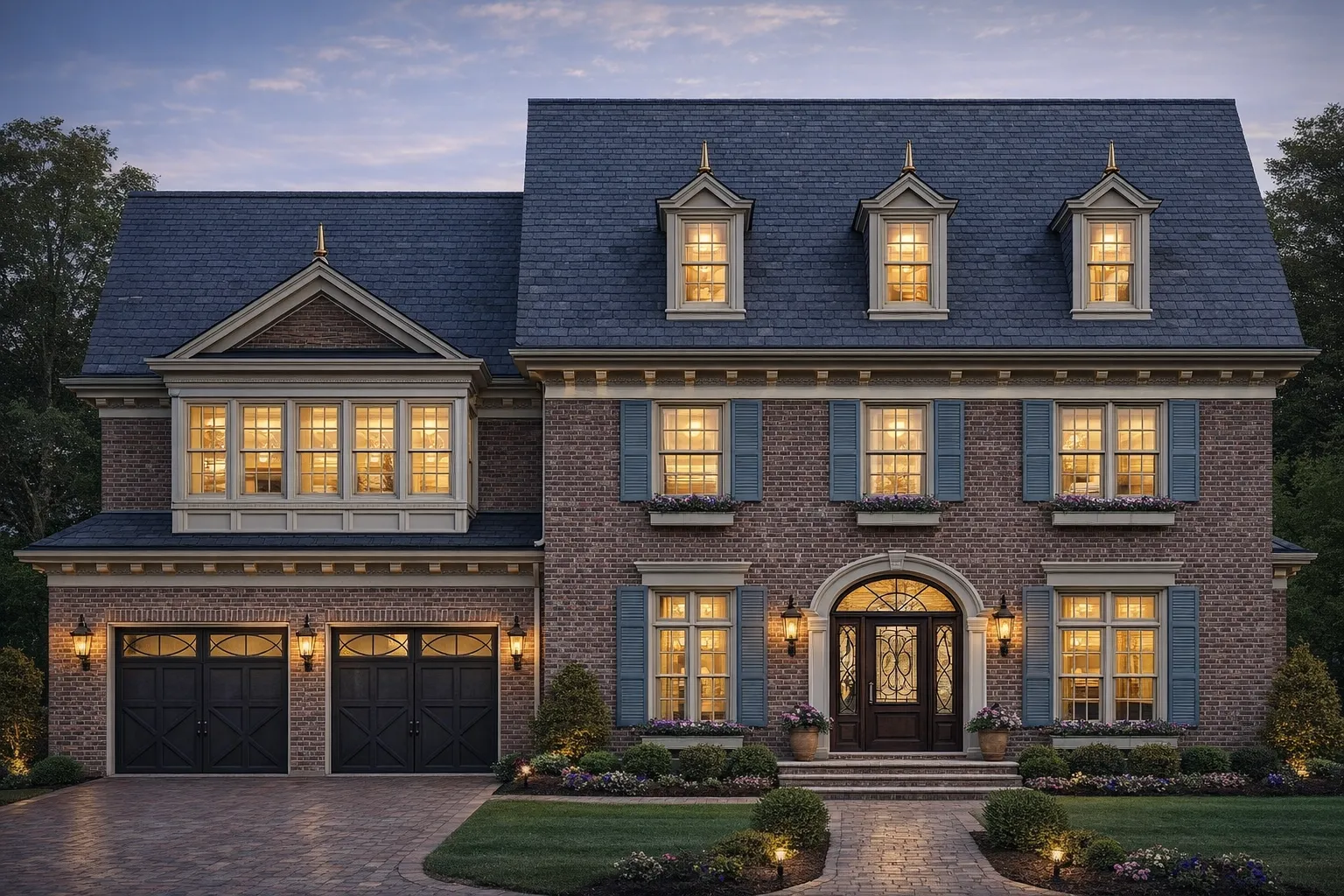 House Plans with Breezeway 13 Front elevation of a Traditional Colonial style brick home with symmetrical windows, dormer accents, and an arched central entry