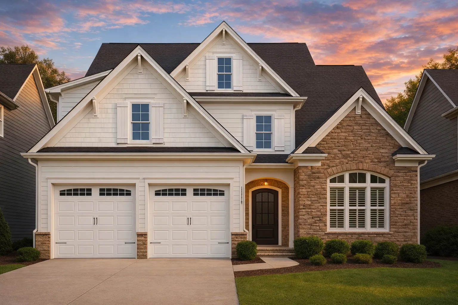 Front exterior of a New American style home with stone veneer, lap siding, double garage, and symmetrical gabled rooflines