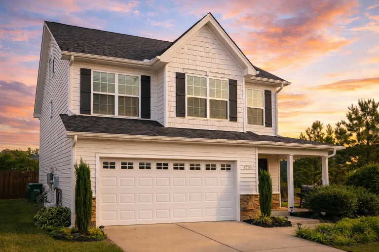 Front elevation of a Traditional Colonial style home featuring a New American influence with lap siding, dark shutters, and a two-car garage
