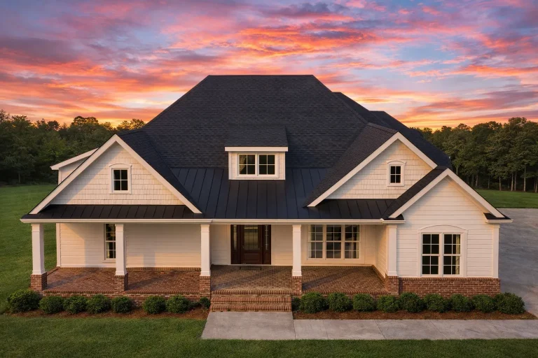 Front elevation of a New American Traditional house with horizontal lap siding, brick foundation accents, and balanced gable rooflines