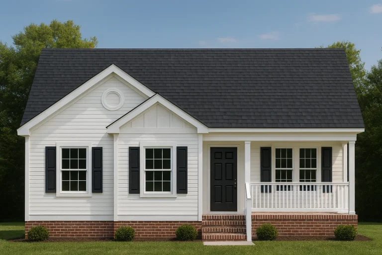 House Plans 8 Front elevation of a Traditional Cottage Ranch house featuring white siding, black shutters, and a brick foundation with a welcoming covered porch