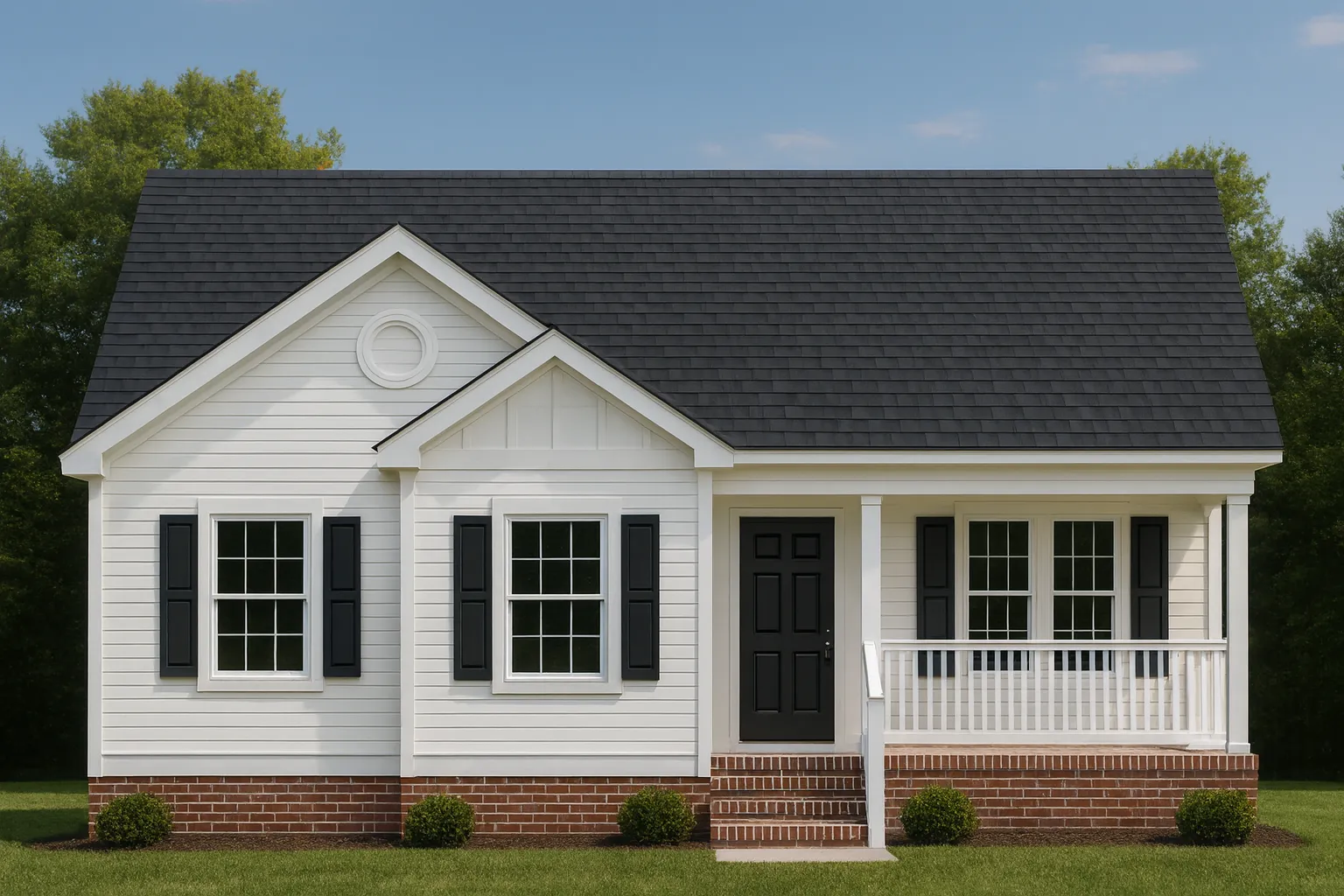 Structure Type 9 Front elevation of a Traditional Cottage Ranch house featuring white siding, black shutters, and a brick foundation with a welcoming covered porch